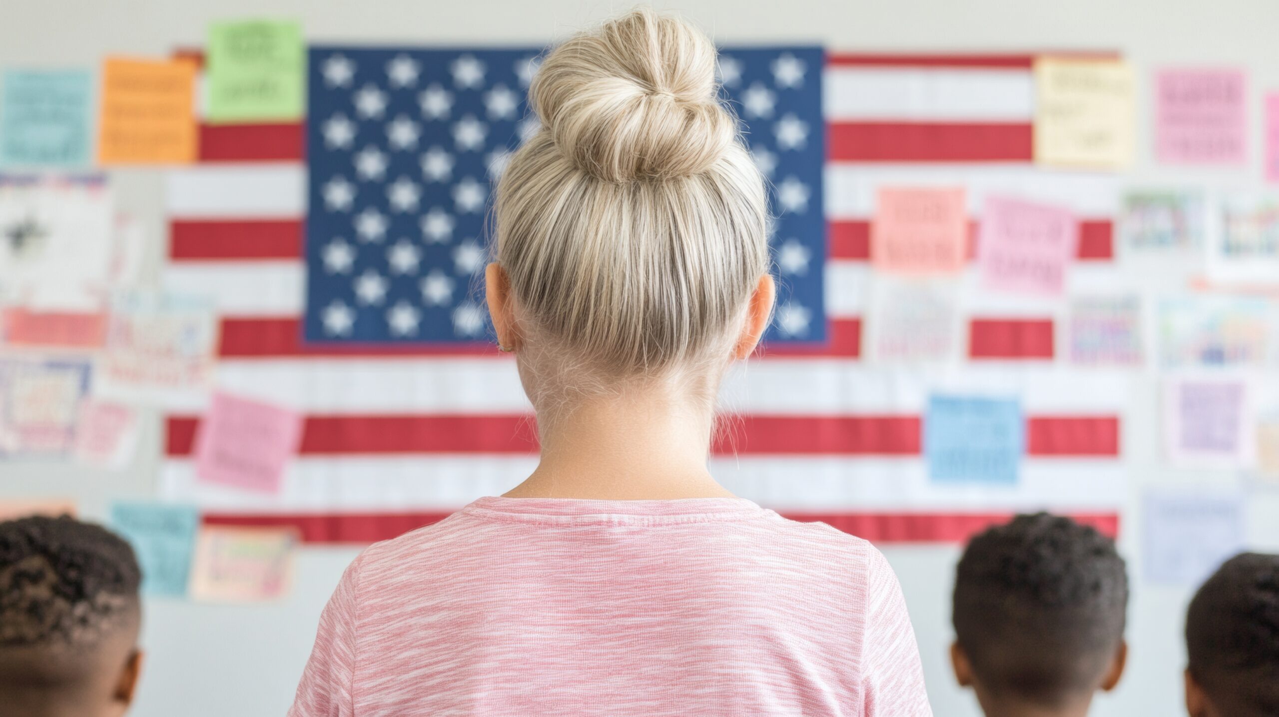 Classroom Scene with Teacher and American Flag, Emphasizing Education, Civic Responsibility, and National History.